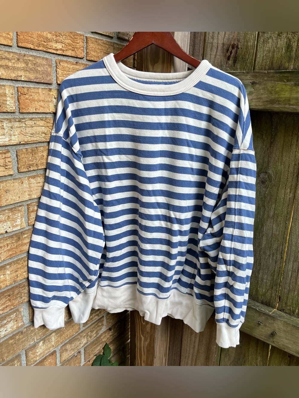Aerie Oversized Blue and White Striped Crewneck Sweatshirt